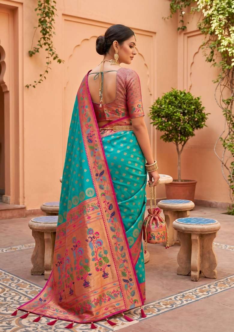 Sky Blue Zari Work Banarasi Saree Set for Diwali and Festive Wear - Indya