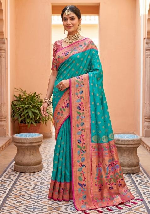 Sky Blue Zari Work Banarasi Saree Set
