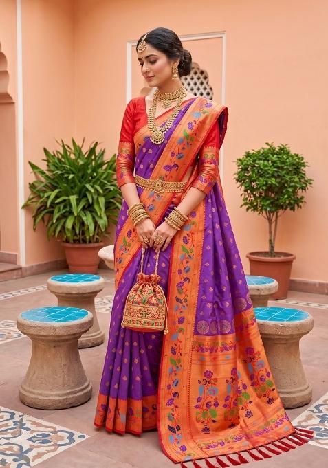 Wine Zari Work Banarasi Saree Set