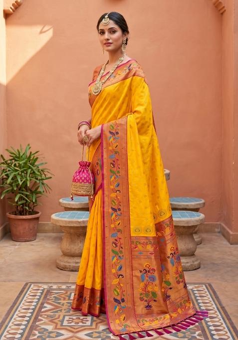 Yellow Zari Work Banarasi Saree Set