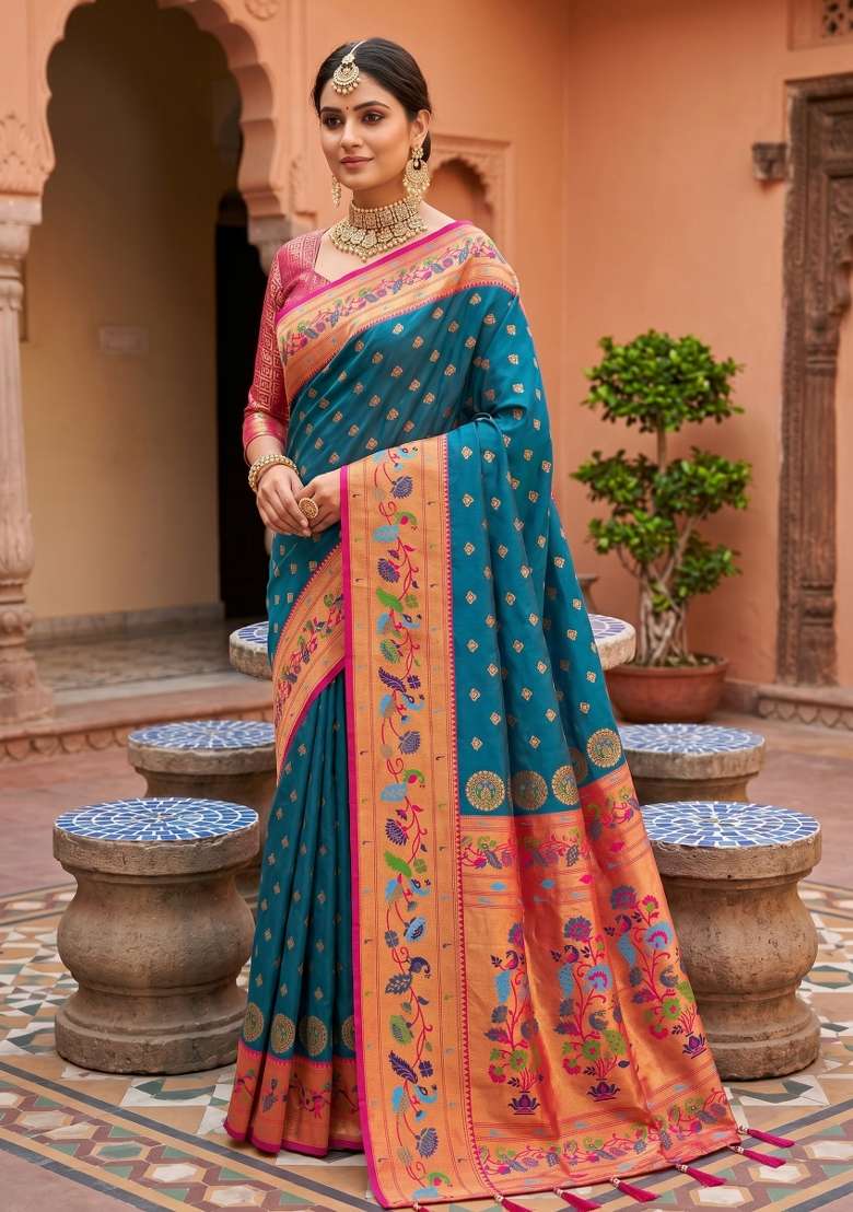Teal Zari Work Banarasi Saree Set for Diwali and Festive Wear - Indya
