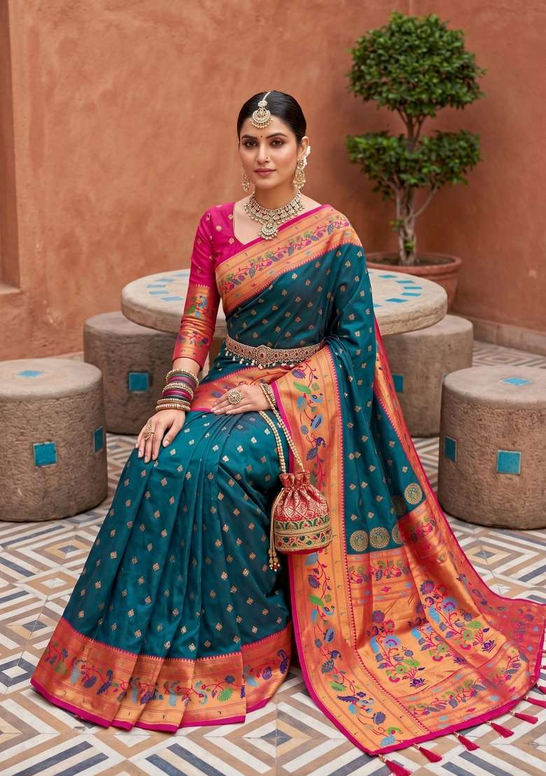 Teal Zari Work Banarasi Saree Set for Diwali and Festive Wear - Indya