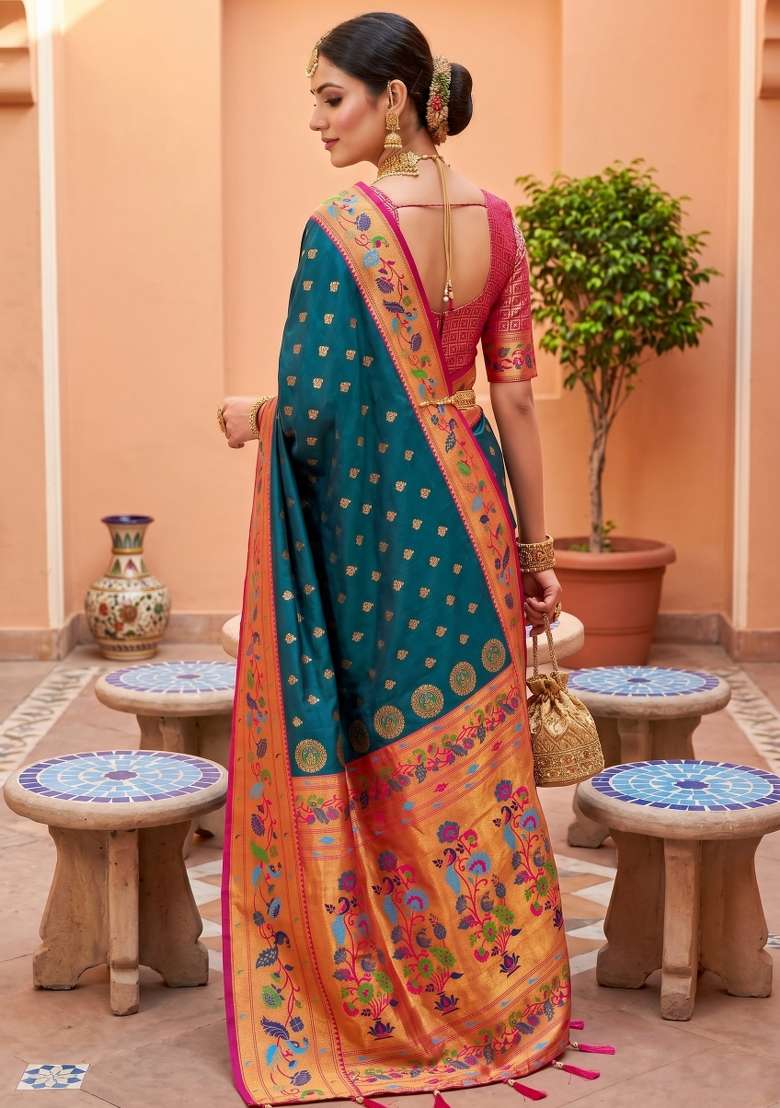 Teal Zari Work Banarasi Saree Set for Diwali and Festive Wear - Indya