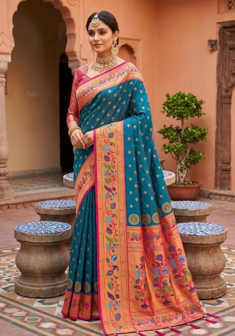 Teal Zari Work Banarasi Saree Set