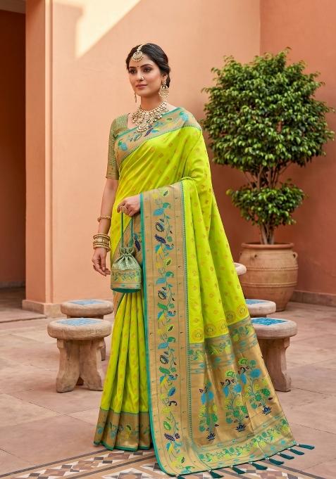 Parrot Green Zari Work Banarasi Saree Set