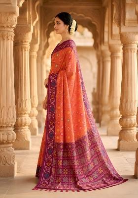 Peach Zari Work Silk Saree Set