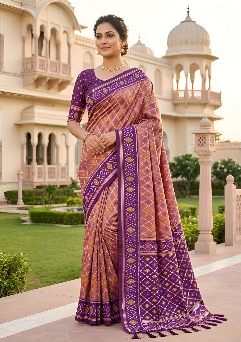 Onion Pink Zari Work Silk Saree Set for Diwali and Festive Wear - Indya