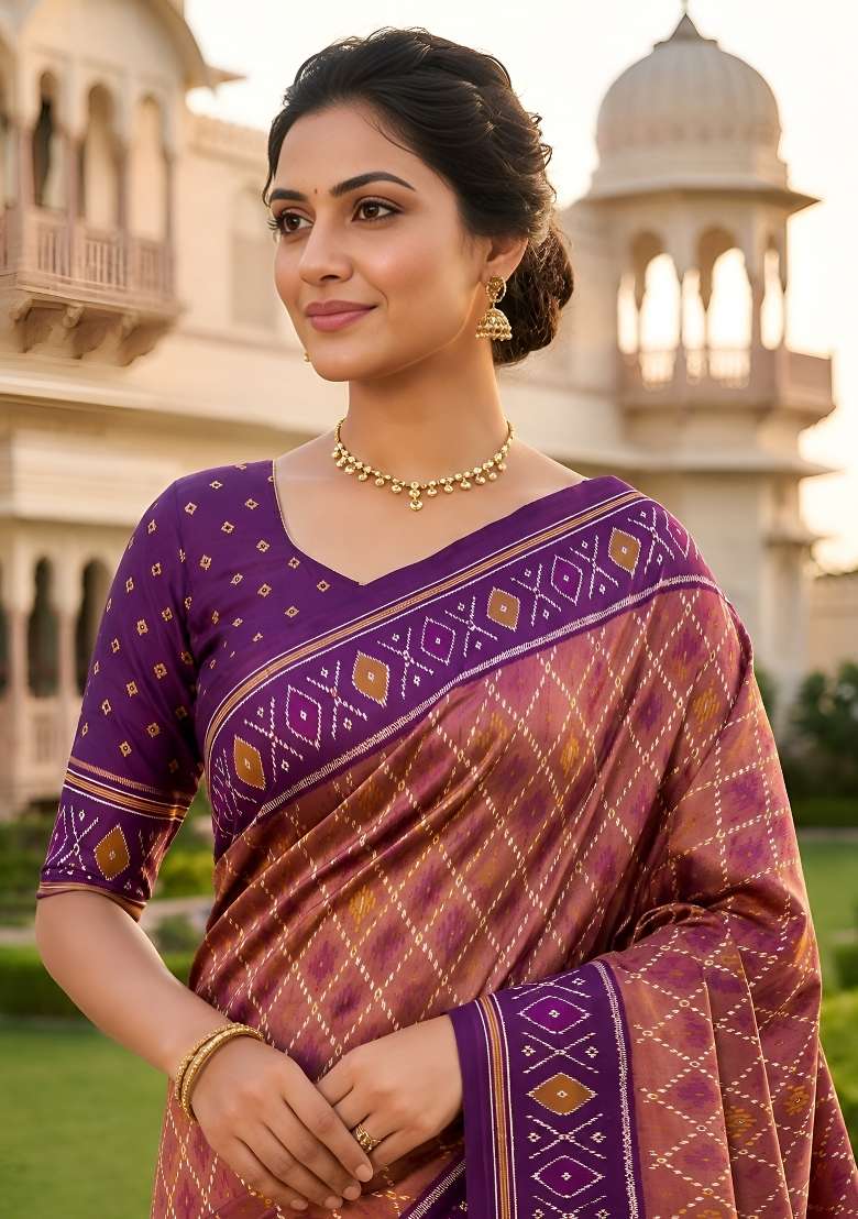 Onion Pink Zari Work Silk Saree Set for Diwali and Festive Wear - Indya