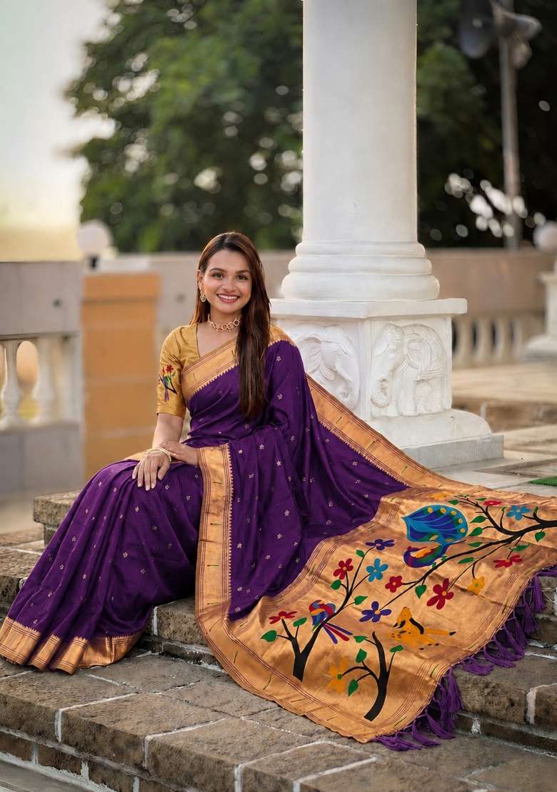 Purple Banarasi Saree Set with Zari Work for Diwali | Wedding & Festive Wear - Indya