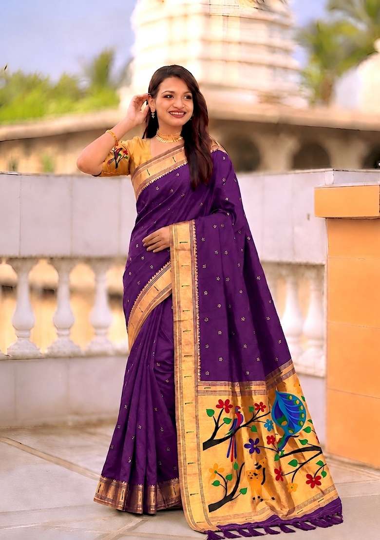 Purple Banarasi Saree Set with Zari Work for Diwali | Wedding & Festive Wear - Indya