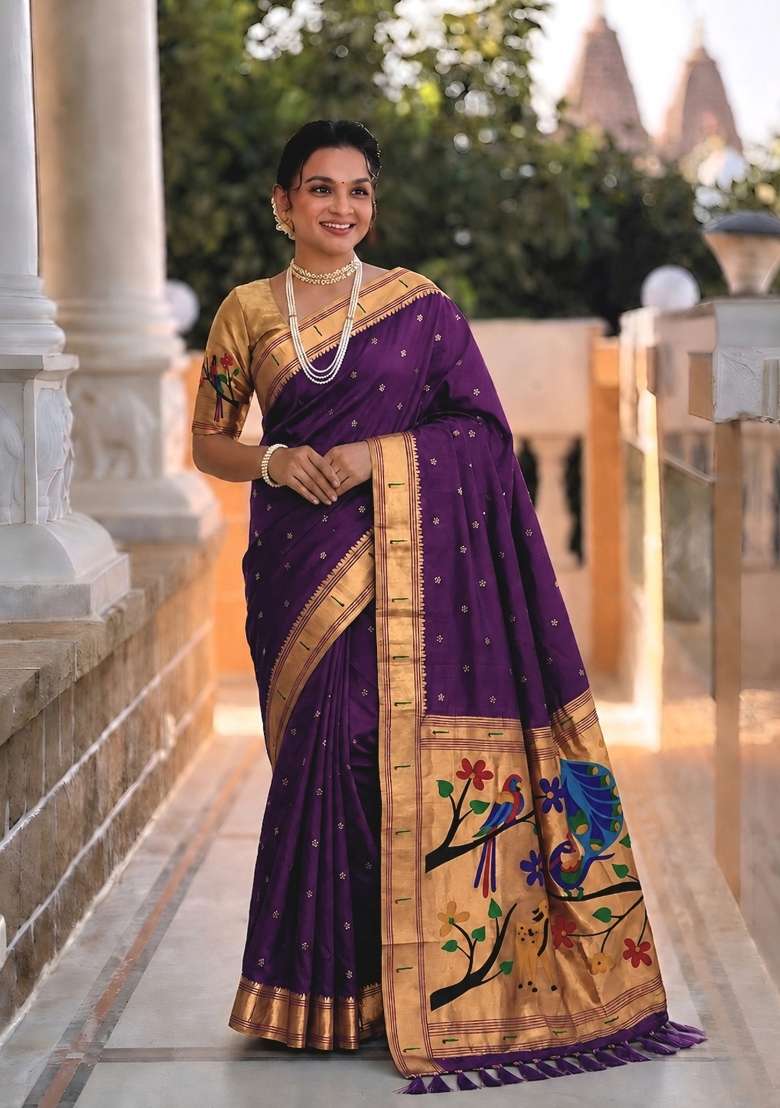 Purple Banarasi Saree Set with Zari Work for Diwali | Wedding & Festive Wear - Indya