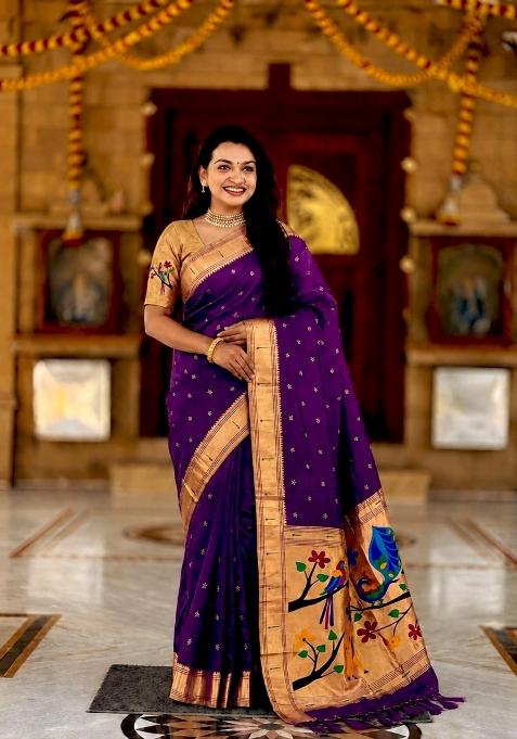 Purple Zari Work Banarasi Saree Set
