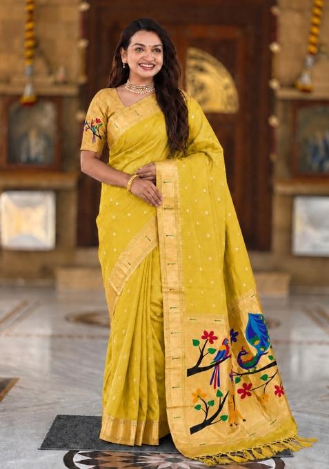 Yellow Zari Work Banarasi Saree Set