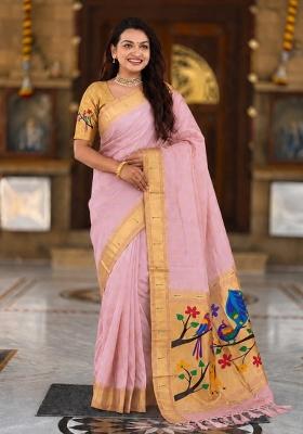 Baby Pink Zari Work Banarasi Saree Set
