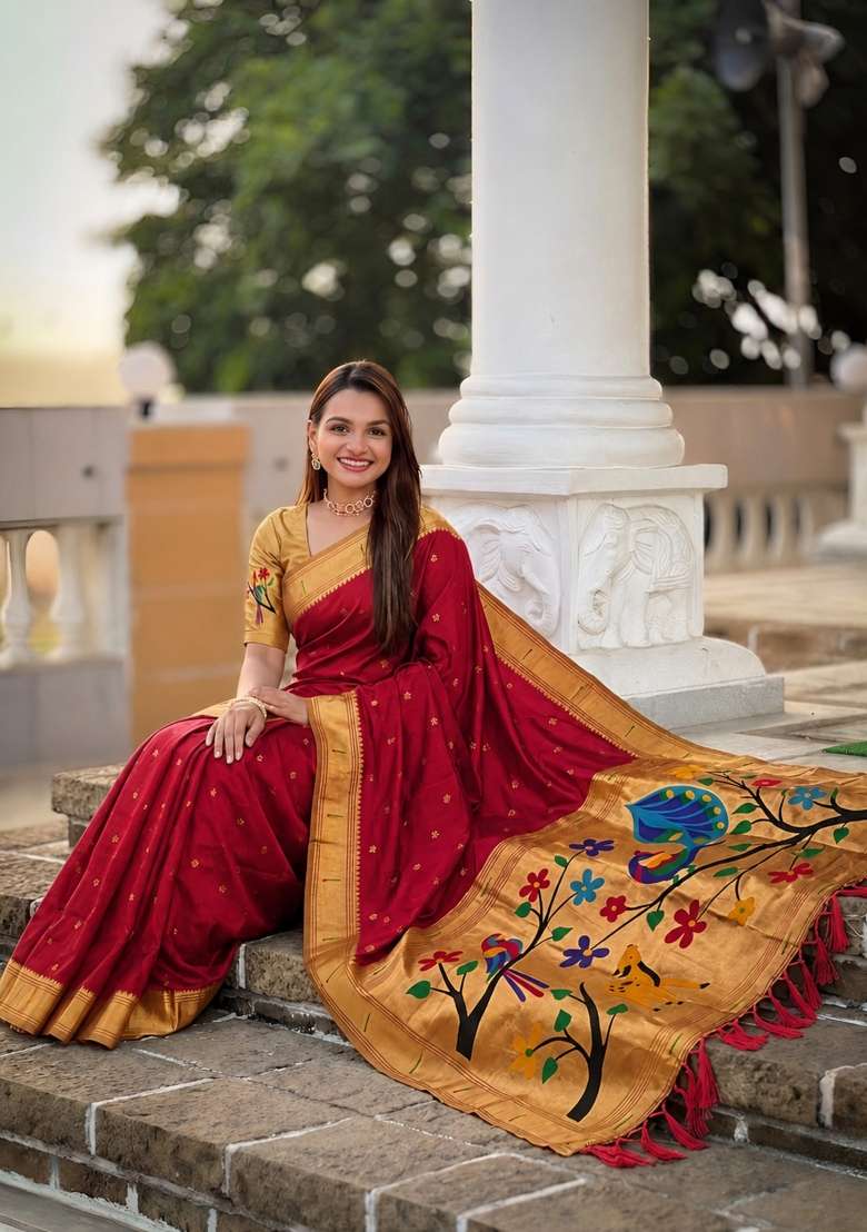 Red Zari Work Banarasi Saree Set for Diwali and Festive Wear - Indya