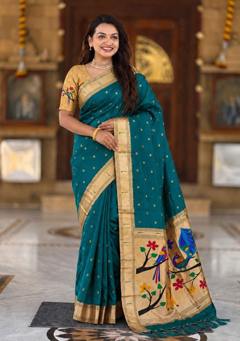 Rama Green Zari Work Banarasi Saree Set for Diwali and Festive Wear - Indya