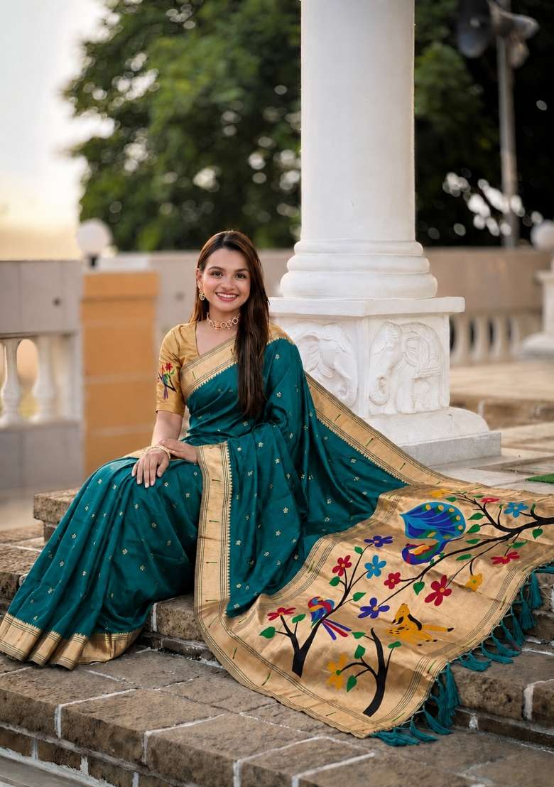 Rama Green Zari Work Banarasi Saree Set for Diwali and Festive Wear - Indya