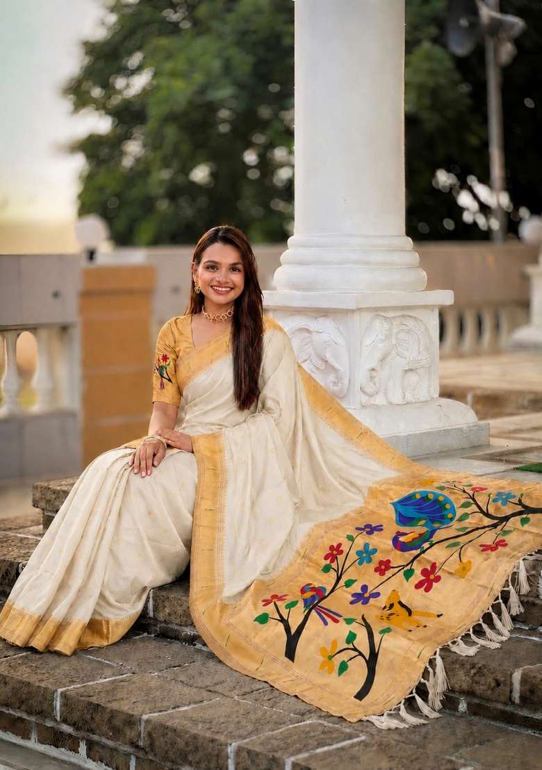 White Banarasi Saree Set with Zari Work for Diwali | Wedding & Festive Wear - Indya