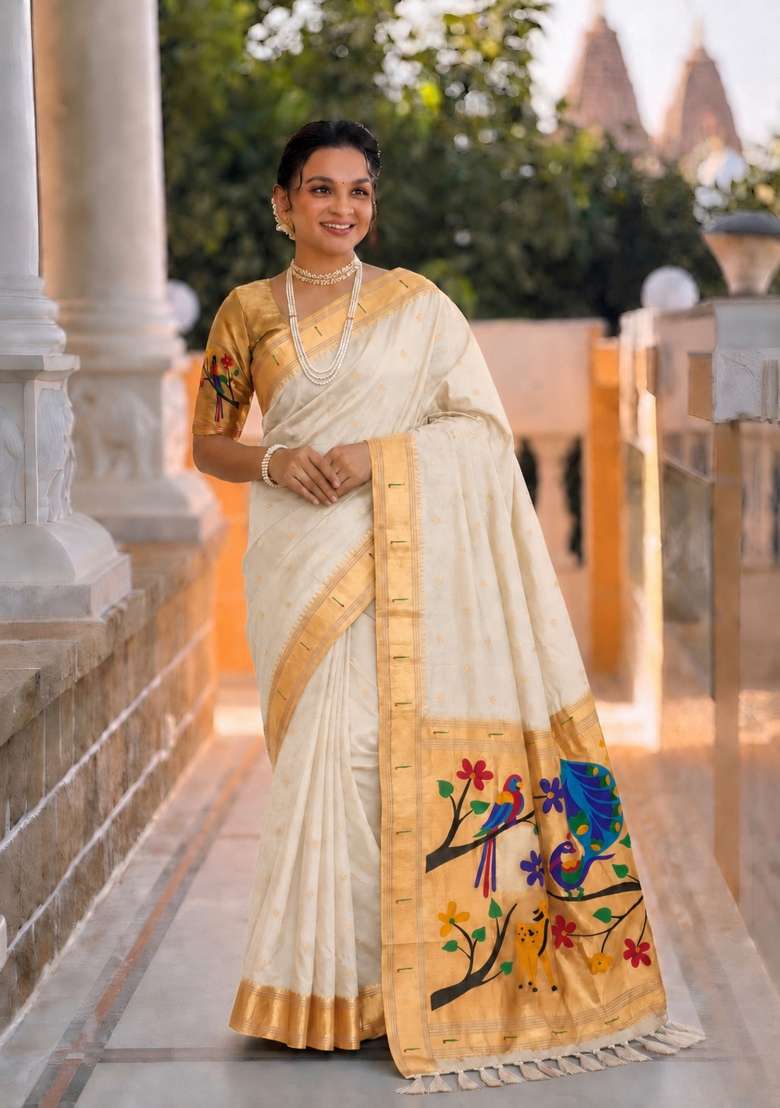 White Banarasi Saree Set with Zari Work for Diwali | Wedding & Festive Wear - Indya