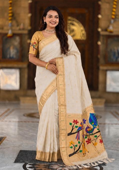 White Zari Work Banarasi Saree Set