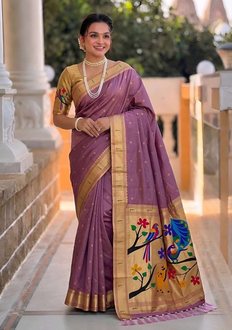 Onion Pink Zari Work Banarasi Saree Set for Diwali and Festive Wear - Indya
