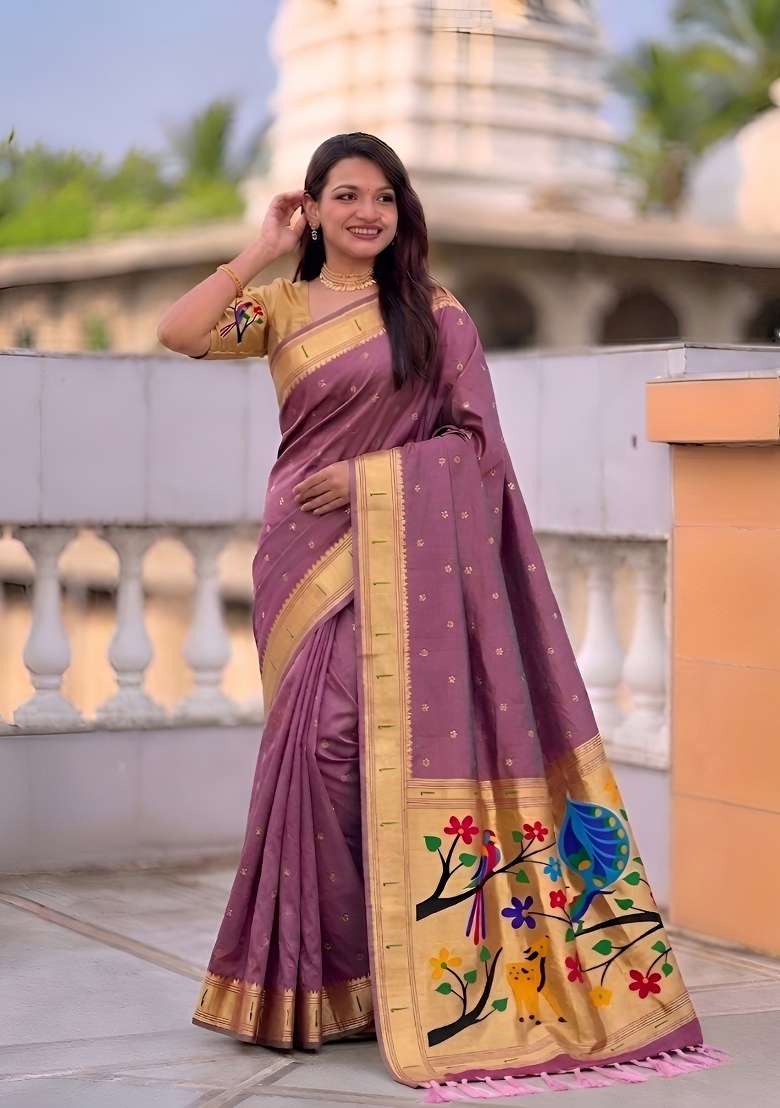 Onion Pink Zari Work Banarasi Saree Set for Diwali and Festive Wear - Indya