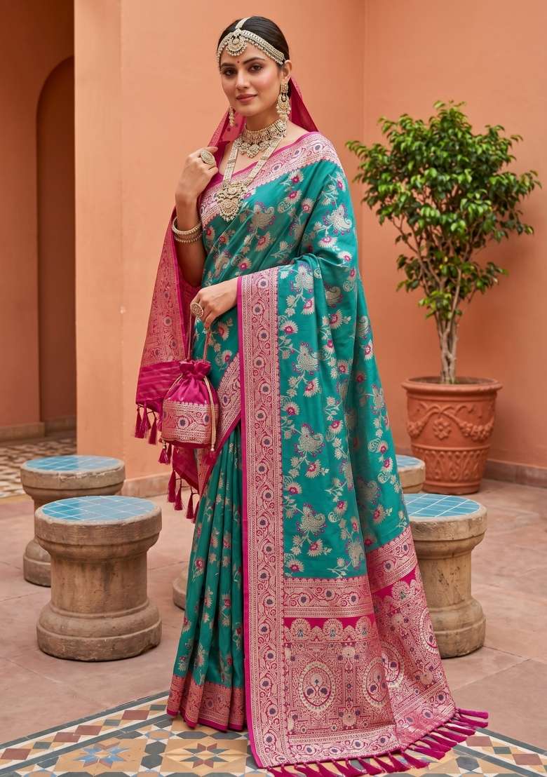 Sea Green Zari Work Banarasi Saree Set for Diwali and Festive Wear - Indya