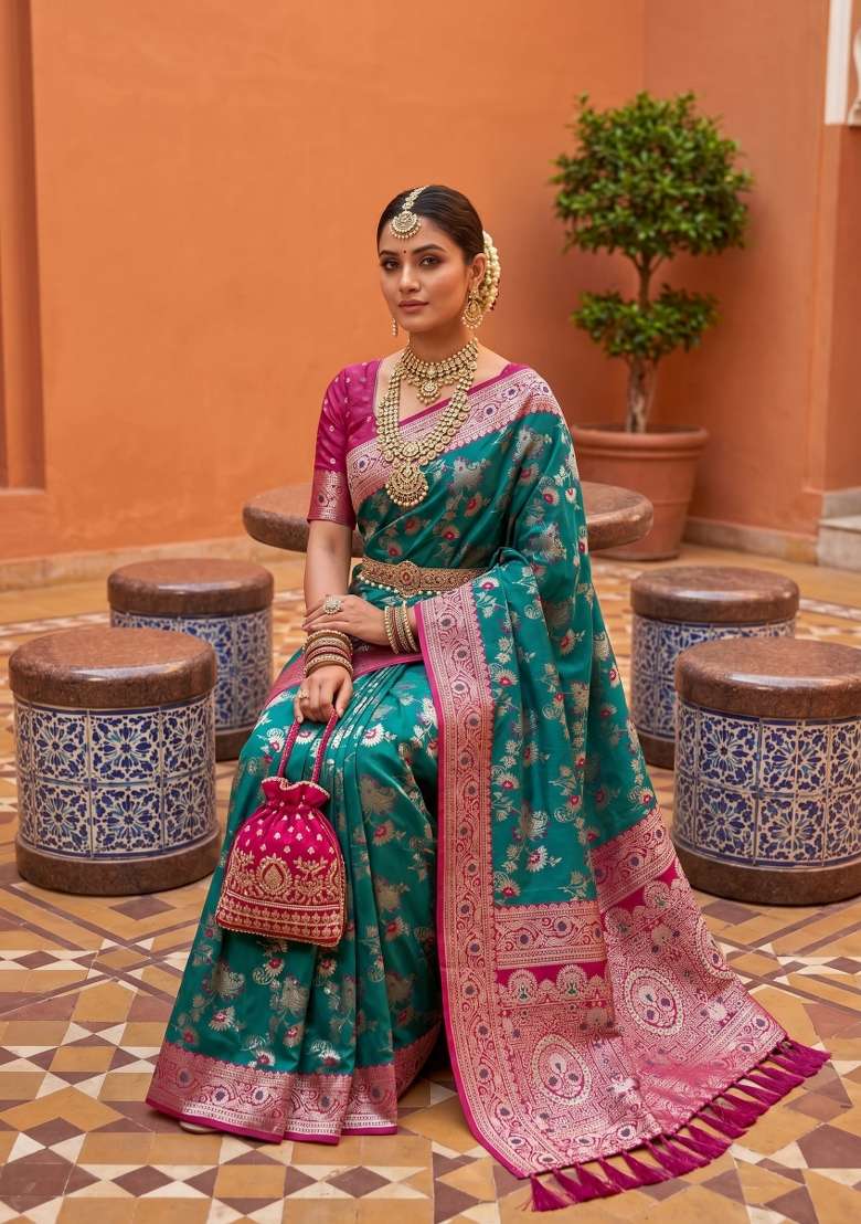 Sea Green Zari Work Banarasi Saree Set for Diwali and Festive Wear - Indya