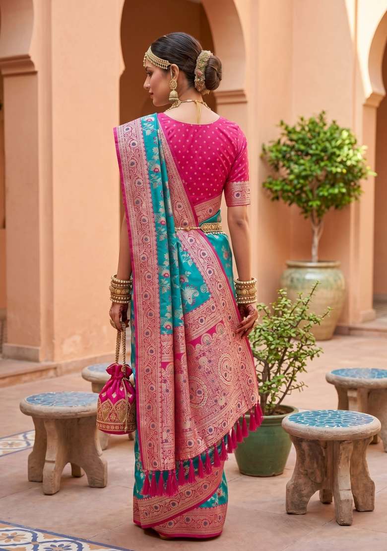 Sea Green Zari Work Banarasi Saree Set for Diwali and Festive Wear - Indya