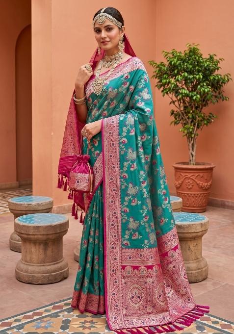 Sea Green Zari Work Banarasi Saree Set