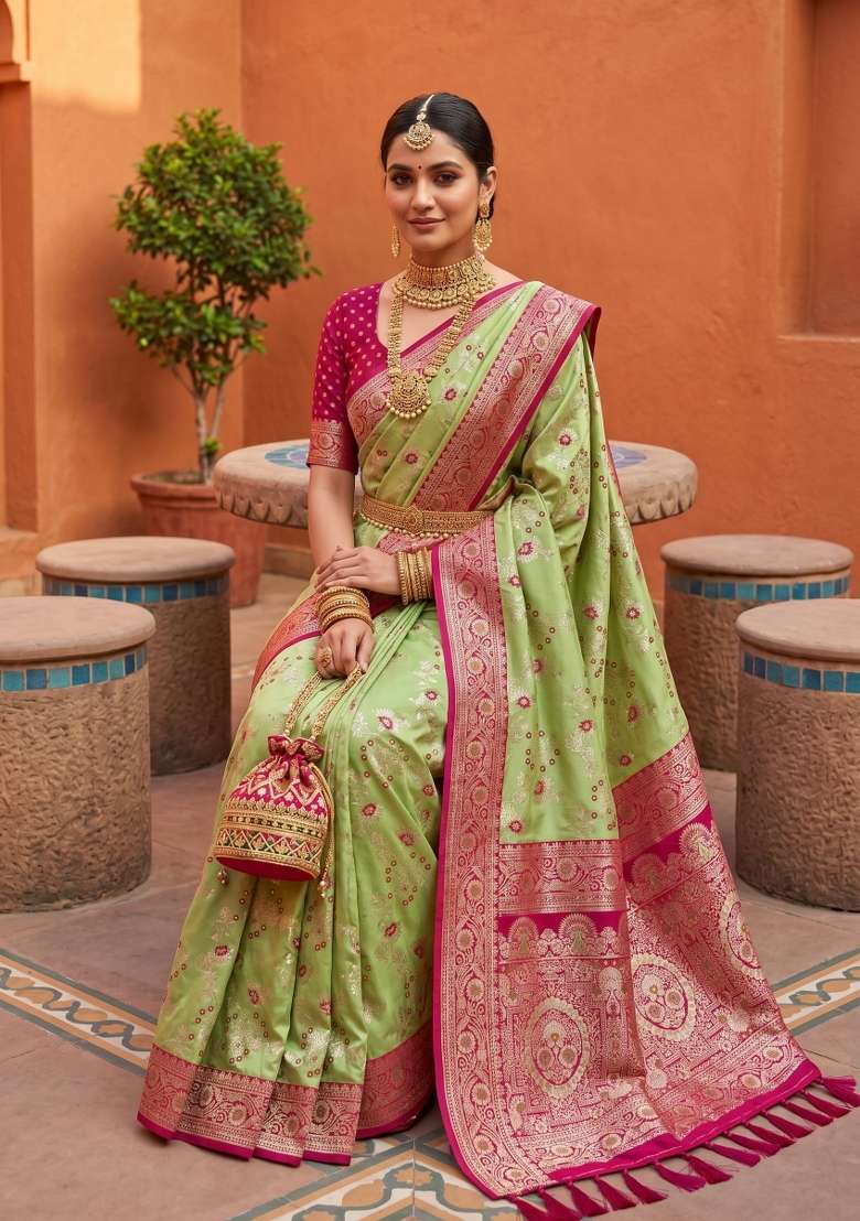 Pear Banarasi Saree Set with Zari Work for Diwali | Wedding & Festive Wear - Indya
