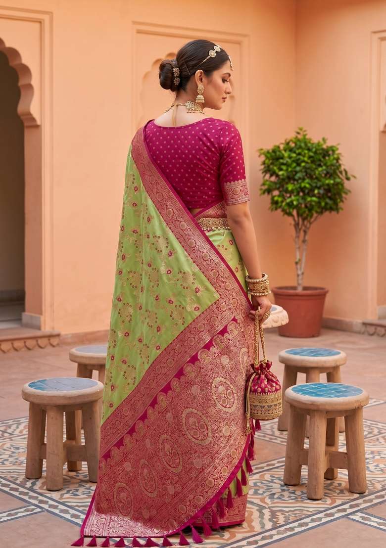 Pear Banarasi Saree Set with Zari Work for Diwali | Wedding & Festive Wear - Indya