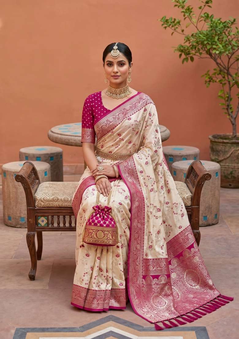 White Banarasi Saree Set with Zari Work for Diwali | Wedding & Festive Wear - Indya