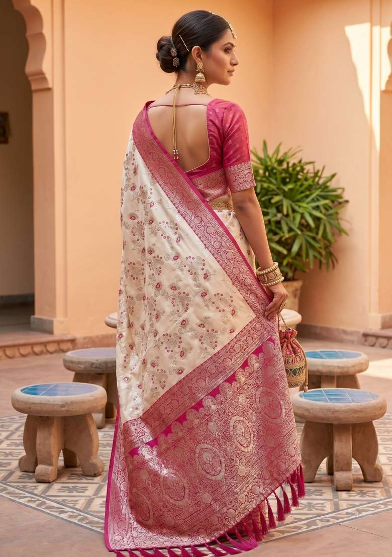 White Banarasi Saree Set with Zari Work for Diwali | Wedding & Festive Wear - Indya