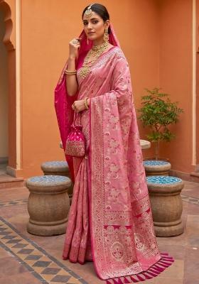 Peach Zari Work Banarasi Saree Set