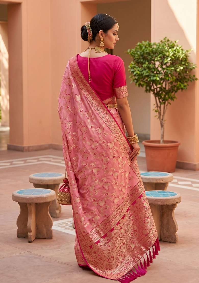Peach Banarasi Saree Set with Zari Work for Diwali | Wedding & Festive Wear - Indya