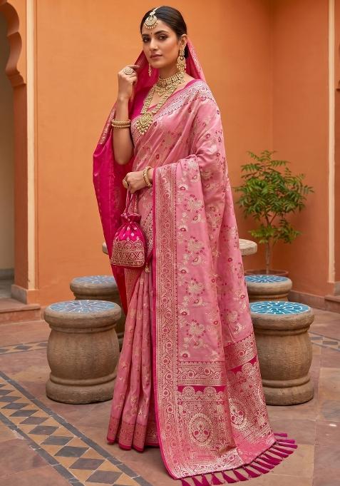 Peach Zari Work Banarasi Saree Set