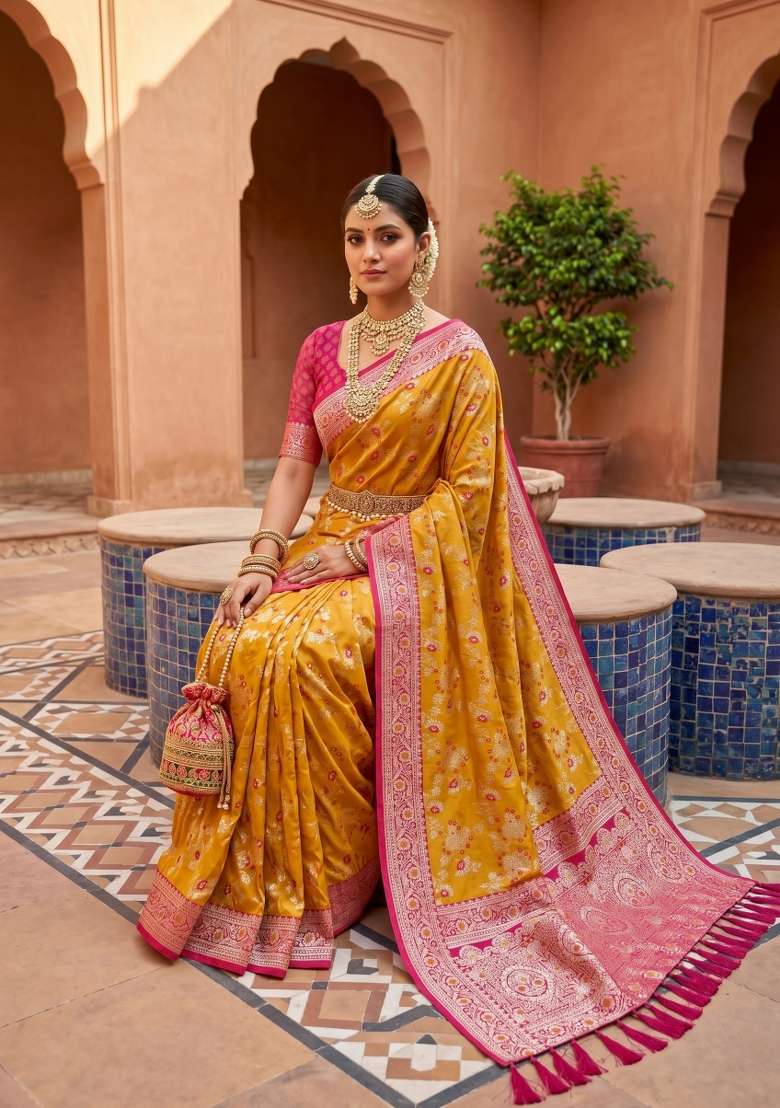 Yellow Banarasi Saree Set with Zari Work for Diwali | Wedding & Festive Wear - Indya