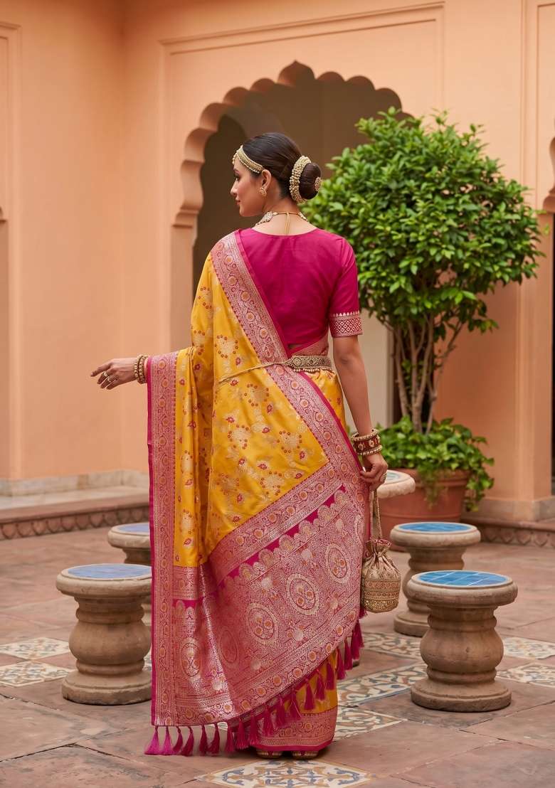 Yellow Banarasi Saree Set with Zari Work for Diwali | Wedding & Festive Wear - Indya