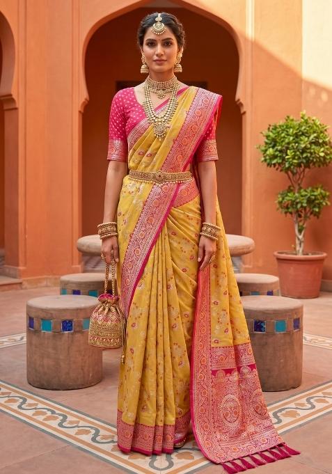 Yellow Zari Work Banarasi Saree Set