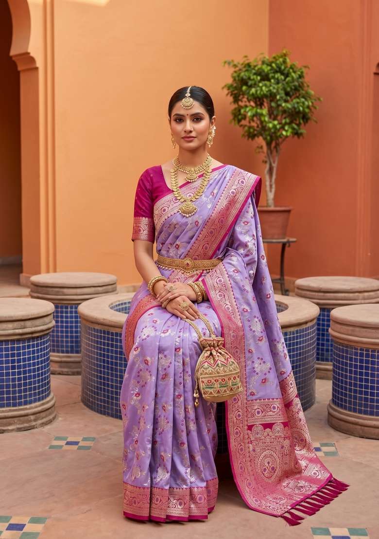 Lavender Banarasi Saree Set with Zari Work for Diwali | Wedding & Festive Wear - Indya