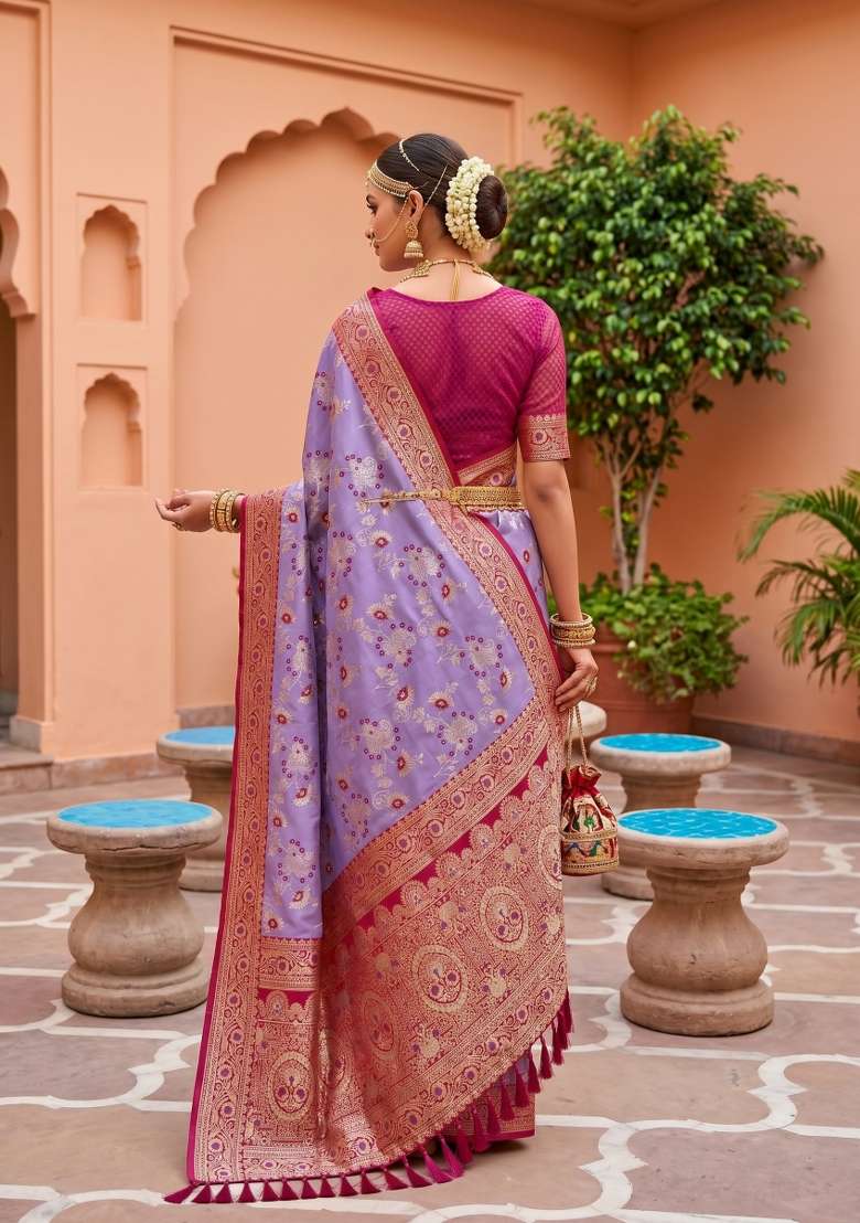 Lavender Banarasi Saree Set with Zari Work for Diwali | Wedding & Festive Wear - Indya