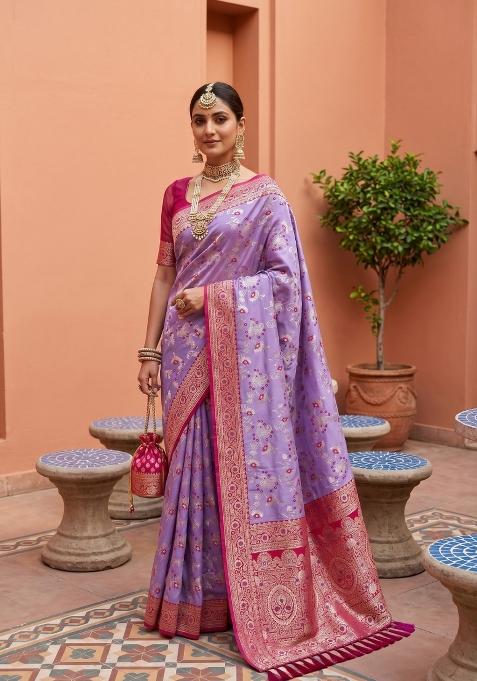 Lavender Zari Work Banarasi Saree Set