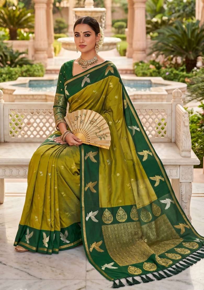 Lemon Yellow Zari Work Banarasi Saree Set for Diwali and Festive Wear - Indya