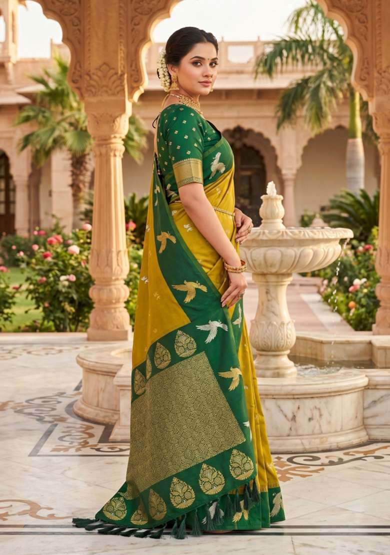 Lemon Yellow Zari Work Banarasi Saree Set for Diwali and Festive Wear - Indya