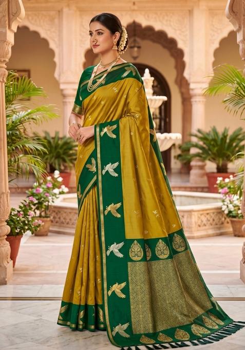 Lemon Yellow Zari Work Banarasi Saree Set