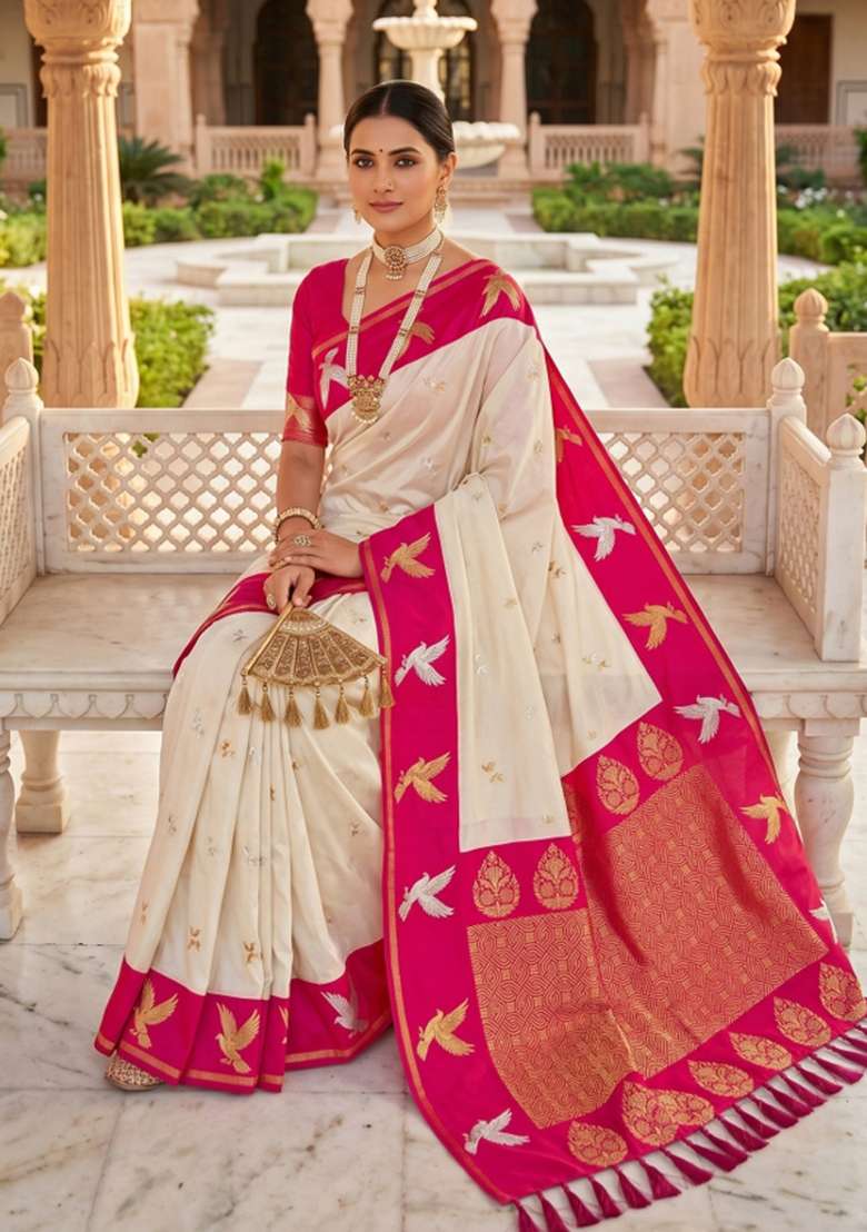 White Zari Work Banarasi Saree Set for Diwali and Festive Wear - Indya