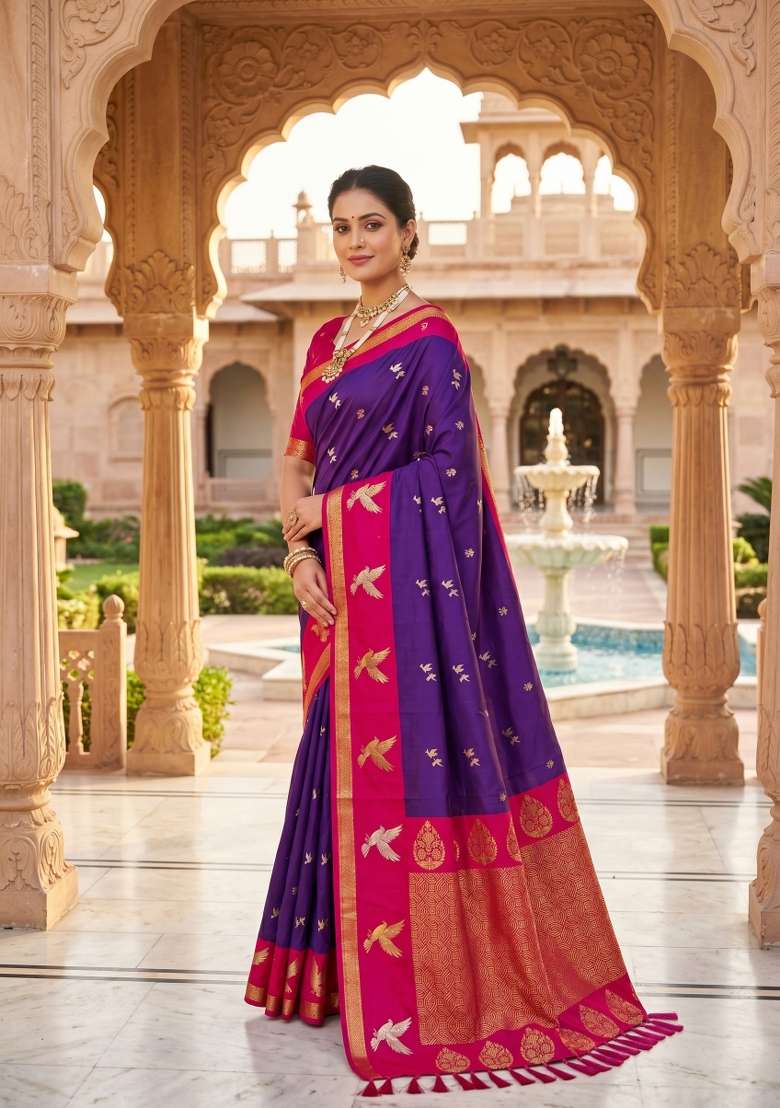 Purple Banarasi Saree Set with Zari Work for Diwali | Wedding & Festive Wear - Indya
