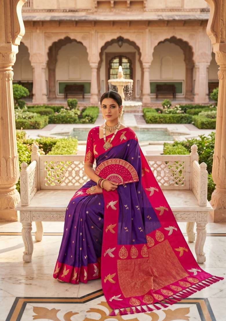 Purple Banarasi Saree Set with Zari Work for Diwali | Wedding & Festive Wear - Indya