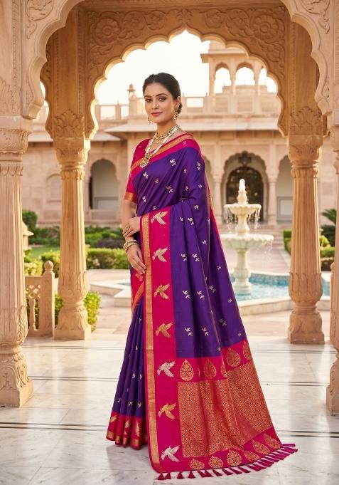Purple Zari Work Banarasi Saree Set